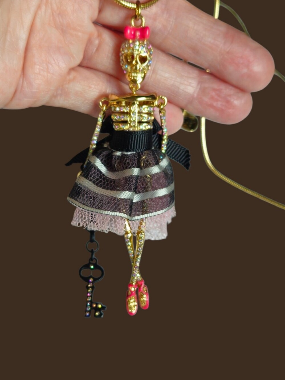 🩰💀Betsey PRISONER OF LOVE Ballerina Skeleton Pendant Necklace Black Key - NWOT